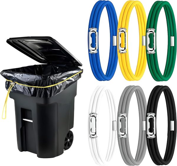 6Pcs Extra Large Adjustable Trash Can Rubber Bands with Cord Lock Design, Garbage Bag Holder for 40-96 Gallon Cans, Multifunction Elastic Bands for Outdoor Bins, Beach Towels, Yoga Mats, 6 Colors