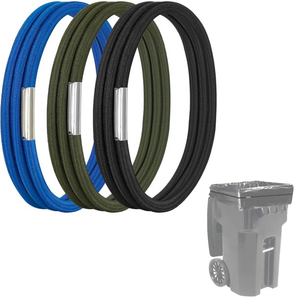 Large Rubber Bands for Garbage Cans, Trash Can Bands Heavy Duty with Strong Elasticity Fit 50 to 96 Gallon Trash Cans, Durable Kitchen Trash Bag Bands Set of 3 in Black Blue, and Olive Green.